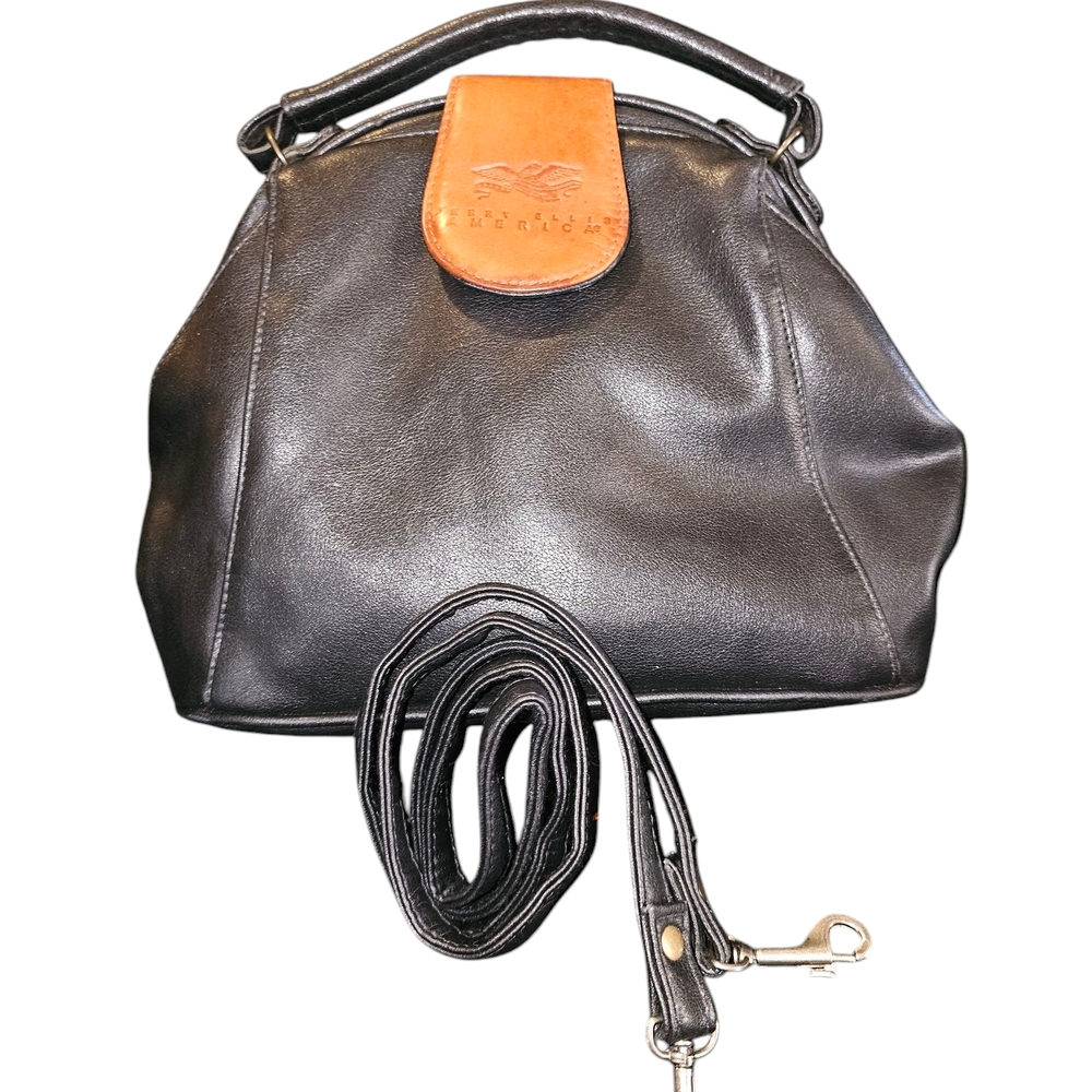 Perry Ellis Black and Tan Leather Satchel with Detachable Strap